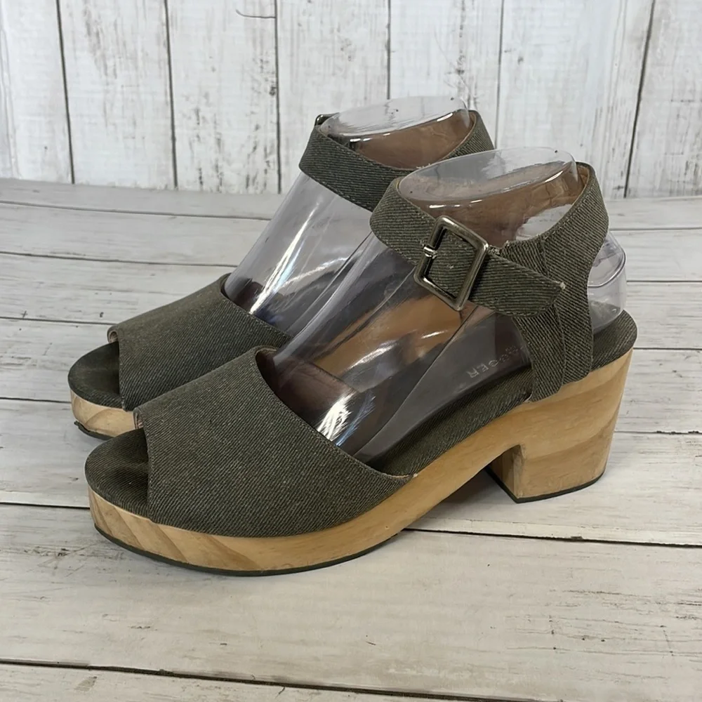 Kelsi Dagger Brooklyn Gray Denim Wooden Platform Heel Sandals